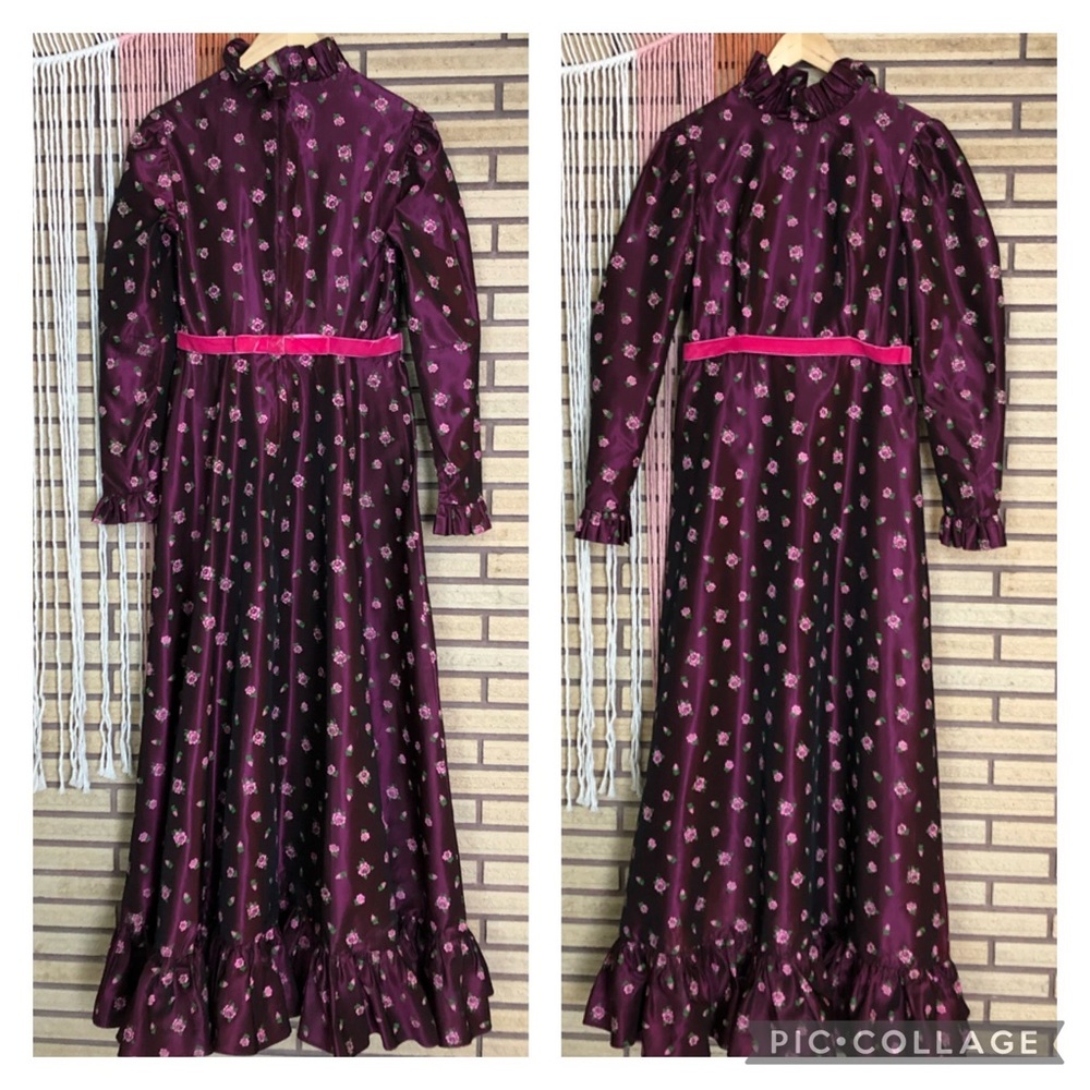 Vintage 60's Maroon Rose Floral Gown - Bust 32 - Size 2 -  4 - Prom - Grad Dress